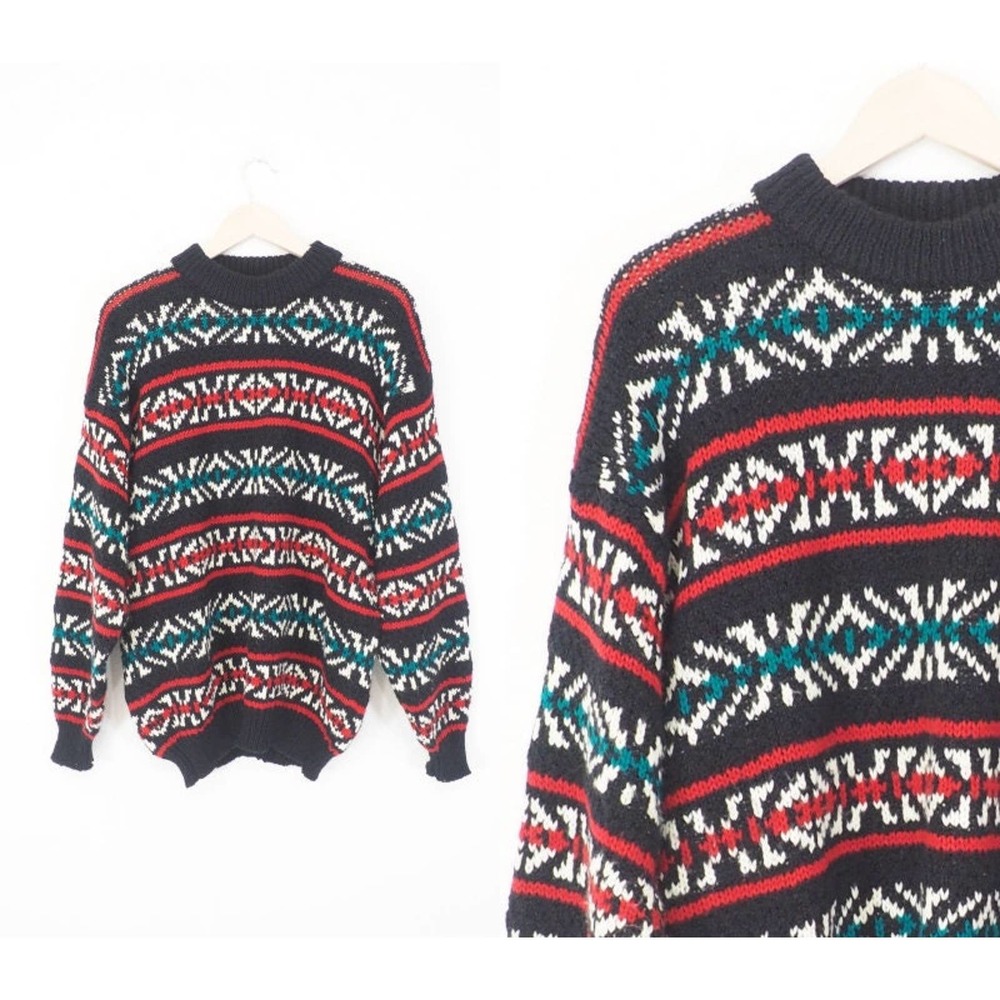 90s Vintage Oversized Knit Sweater Fall Winter Snowflake‎ Mens M Women's Size L